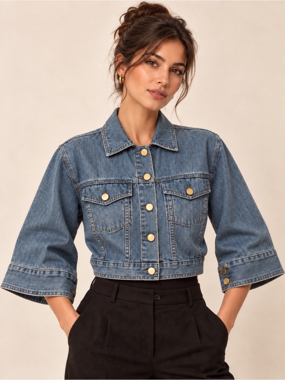 MICHAEL Michael Kors Cropped 3/4 Bell Sleeve Denim Jacket fits big